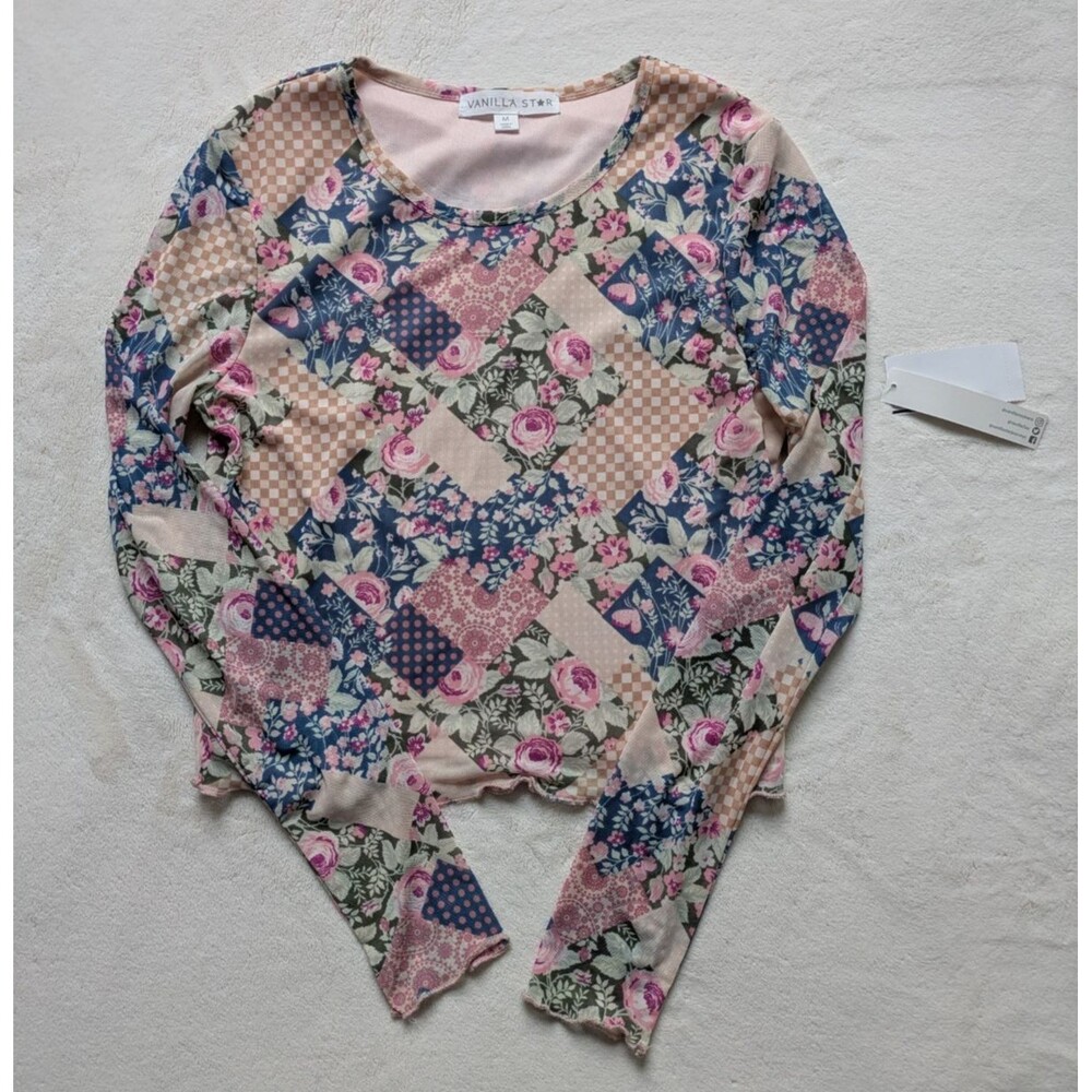 Vanilla Star SizeM Pink Floral Mesh Garden Patchwork Pattern Lettuce-Edge Hem